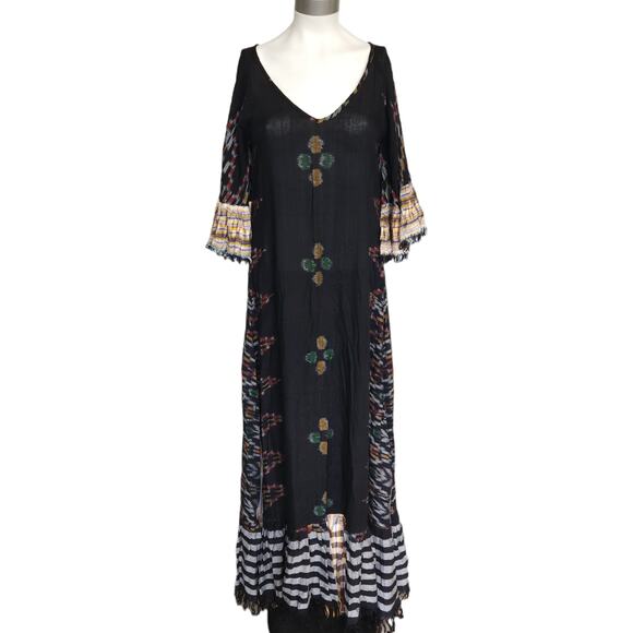 ERIKA PENA Tribal E Margarita Long Ikat maxi ruffle fringe dress black S / M NEW - Picture 1 of 8